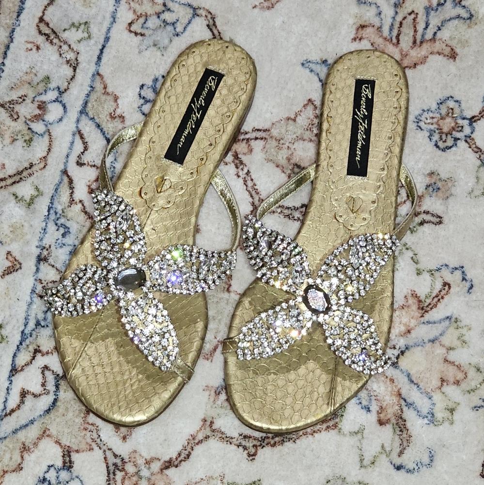 Vintage NWT Beverly Feldman Rhinestone Sandals 6 M Gold Snakeskin - Caftan Chic